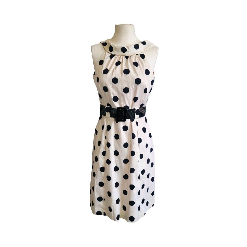 Eliza J Polka Dot Fit Flare Dress Size 6 Black White Belted Retro